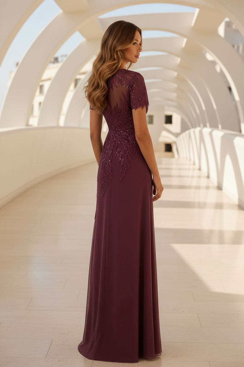Illusion Short Sleeve A-Line Evening Gown