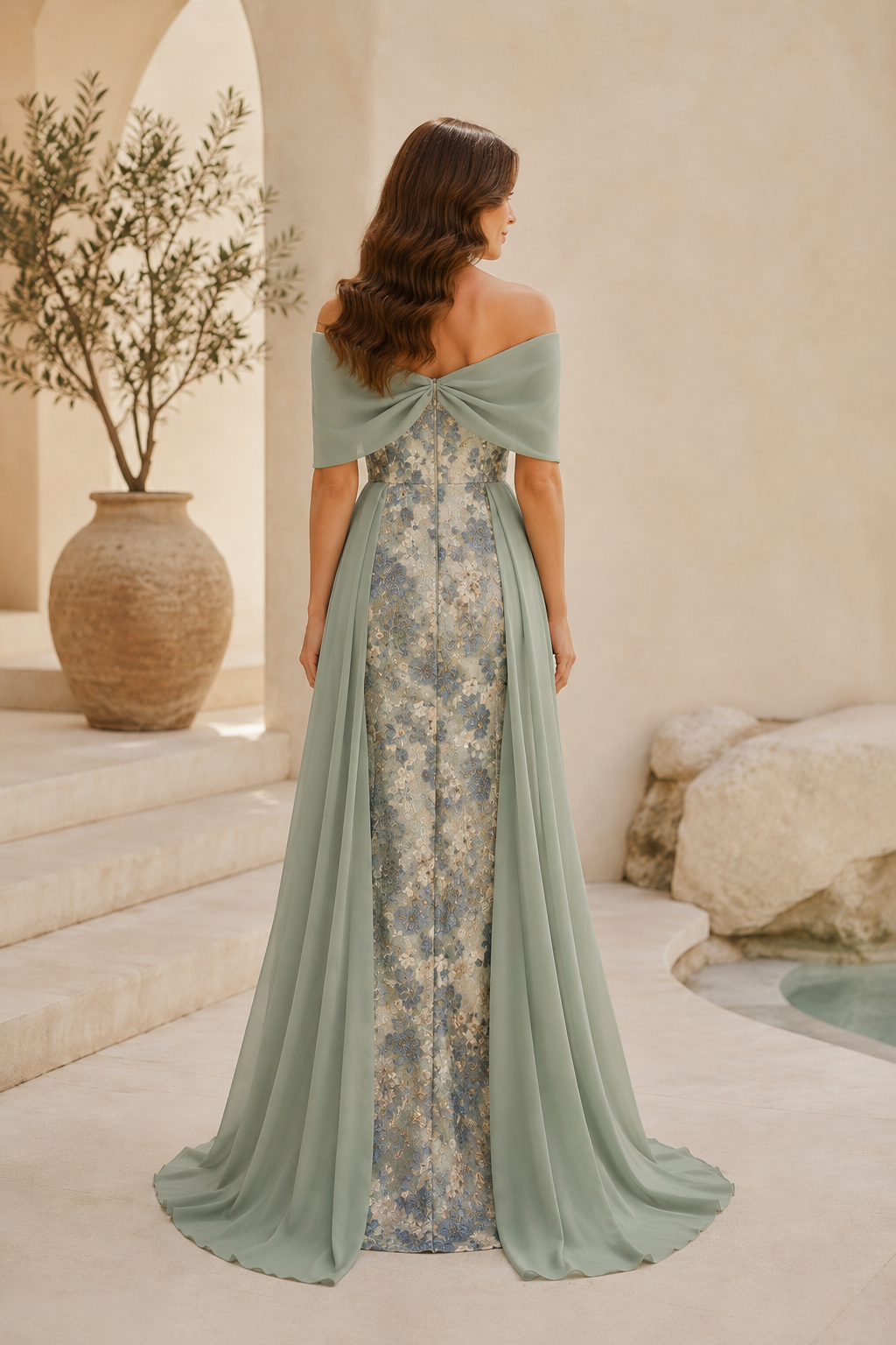 Off-Shoulder Floral Jacquard Gown with Chiffon Overskirt