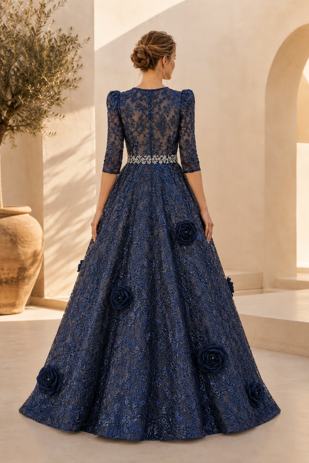 3D Floral Applique Lace Gown with Beaded Waist