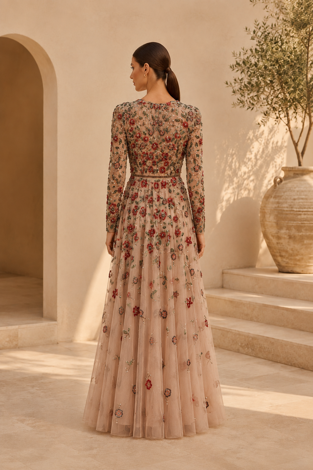 Floral Embroidered Illusion Long Sleeve A-Line Gown