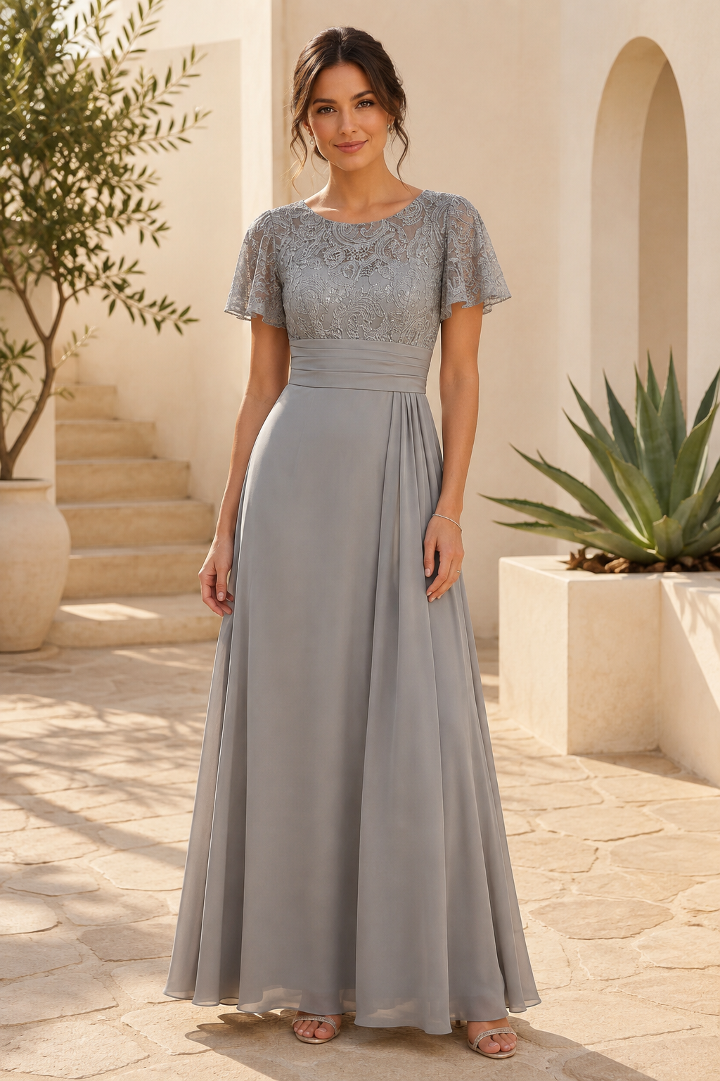 Lace Bodice A-Line Evening Gown with Flutter Sleeves