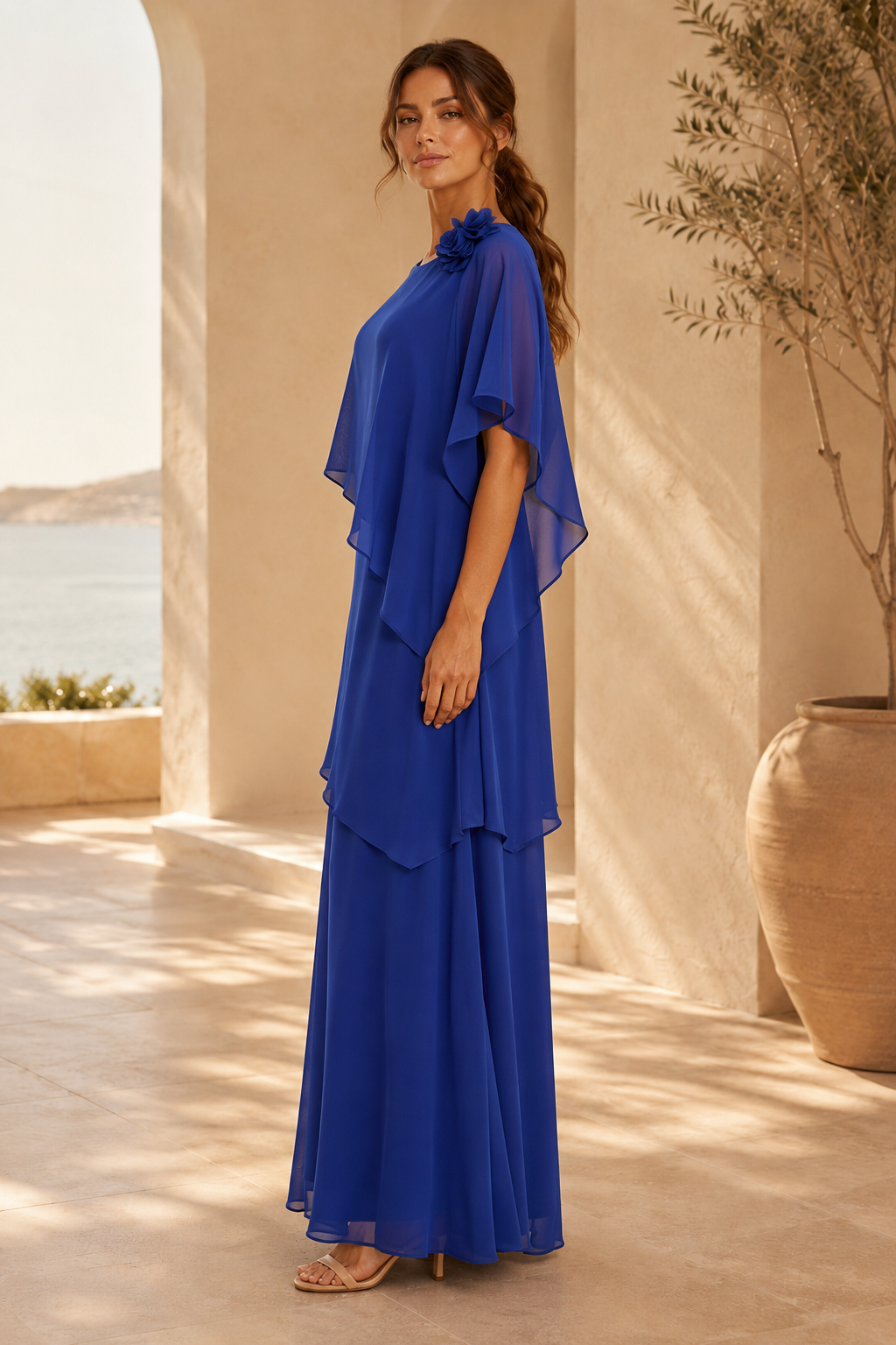 Tiered Chiffon Maxi Dress with Capelet Overlay