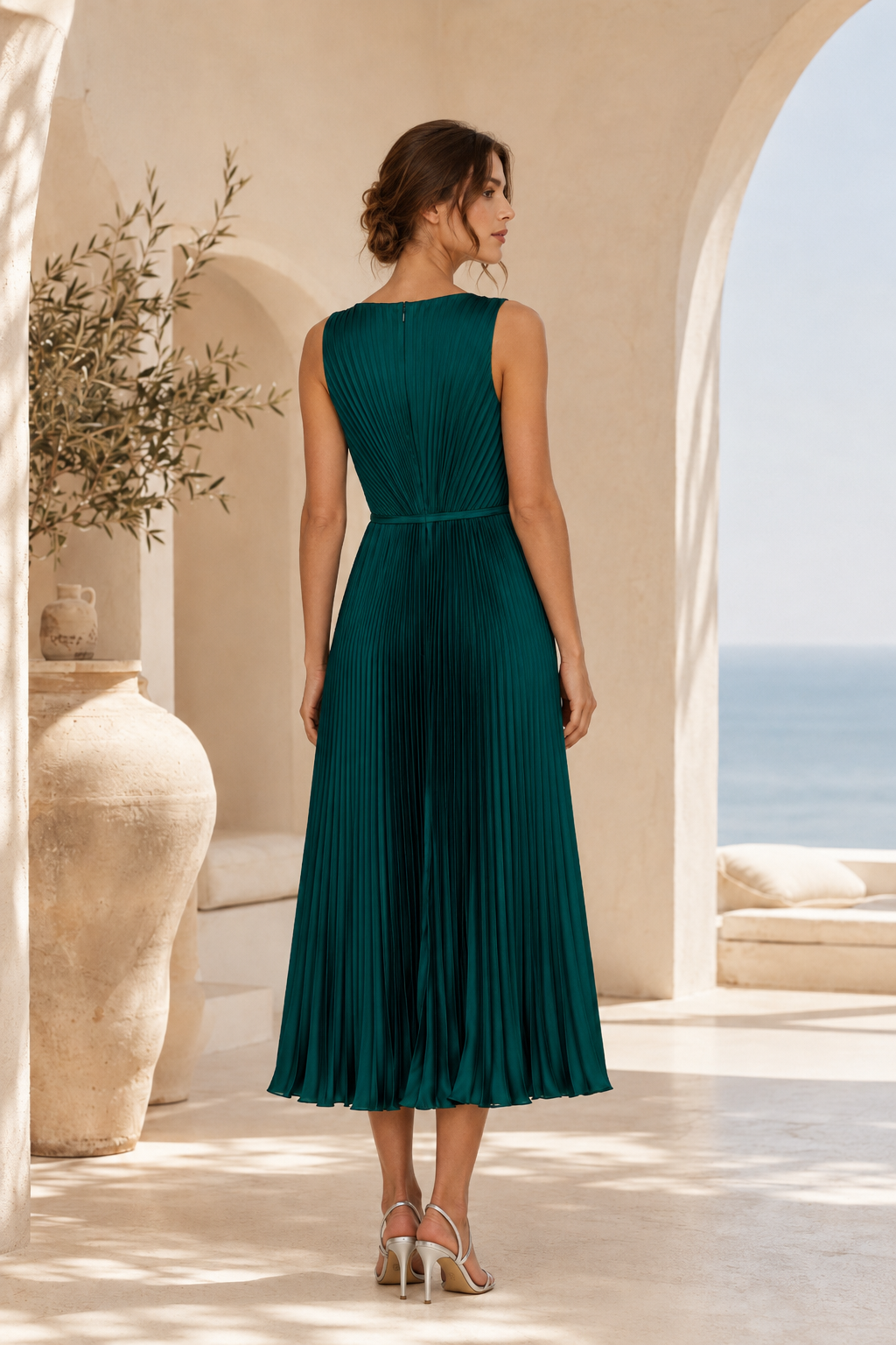 Pleated Satin A-Line Midi Dress with Bateau Neck