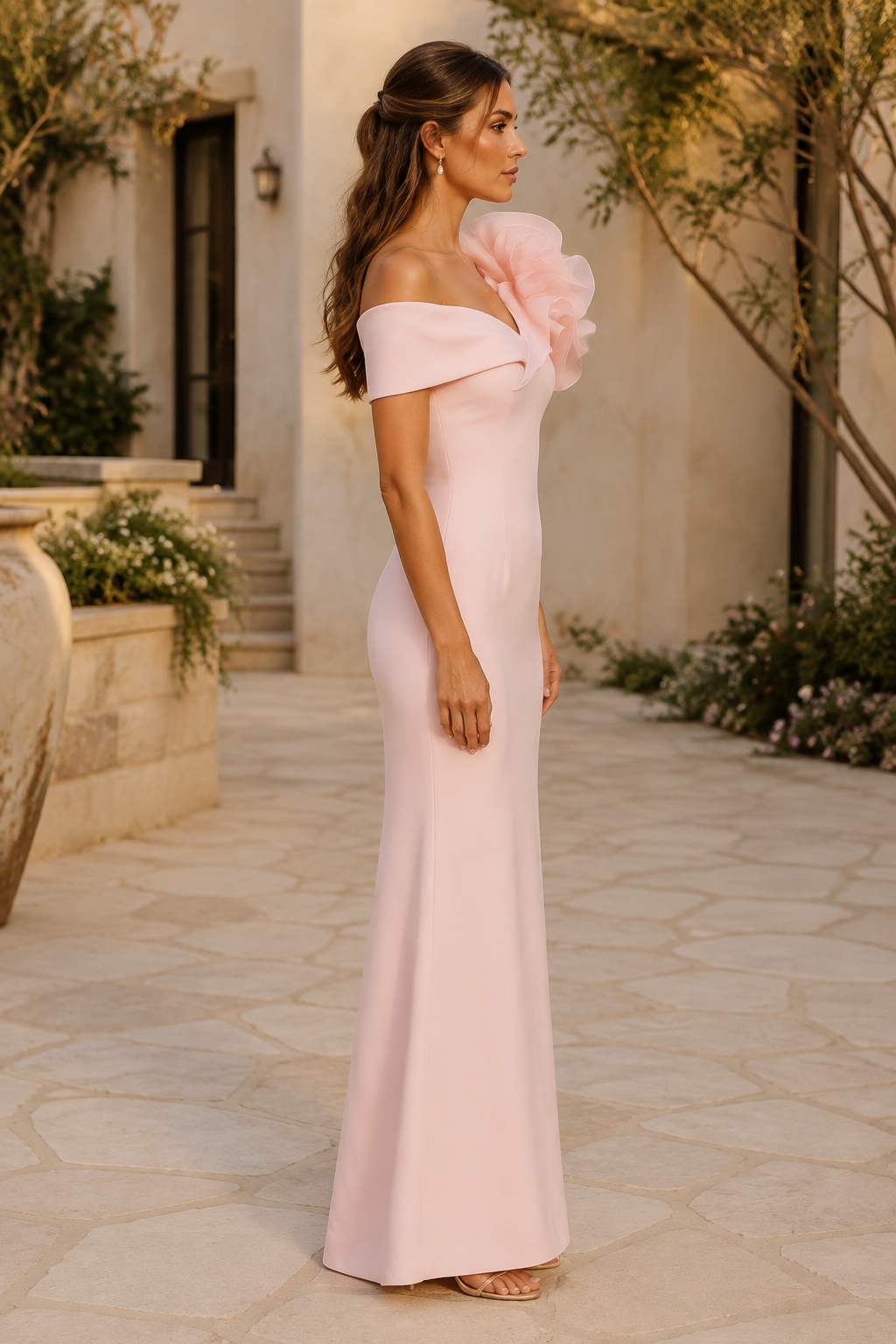 Off-Shoulder Sheath Gown with 3D Flower Shoulder Detail