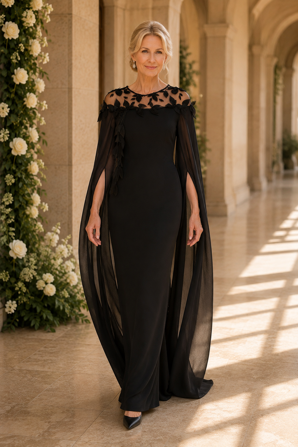 Illusion Neckline Cape Evening Gown