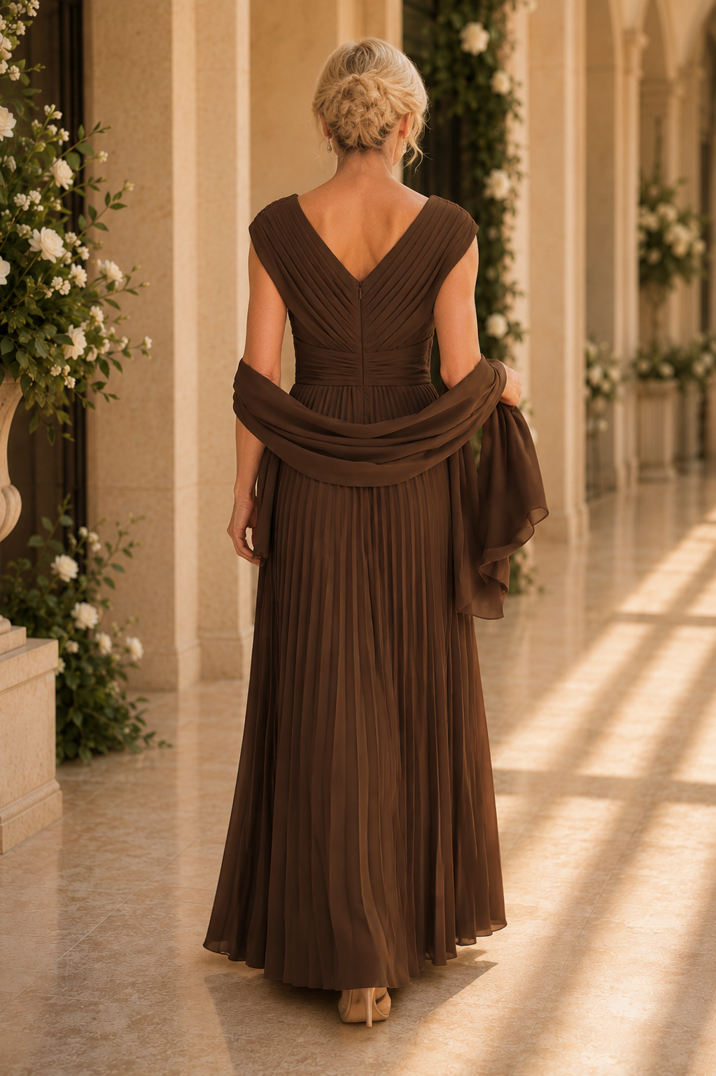 Pleated V-Neck Maxi Dress with Matching Shawl