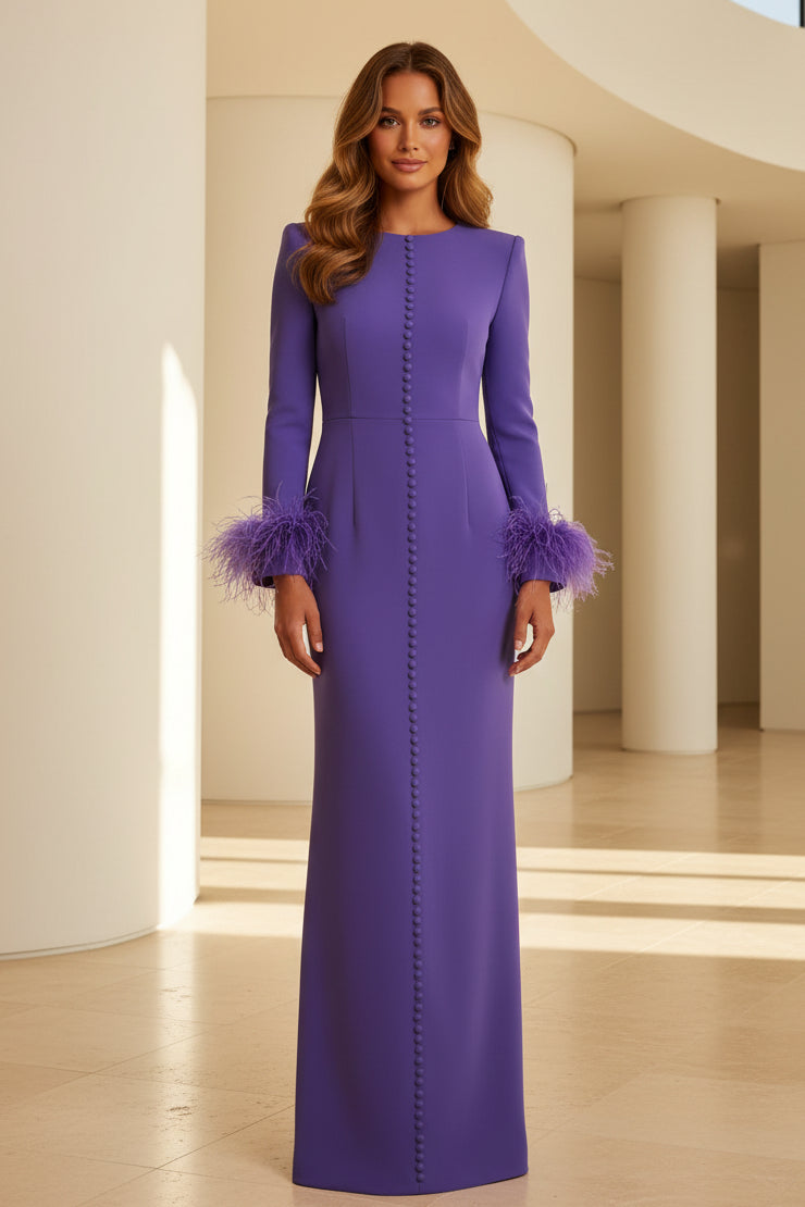 Crepe Long Sleeve Evening Gown with Feather Cuffs