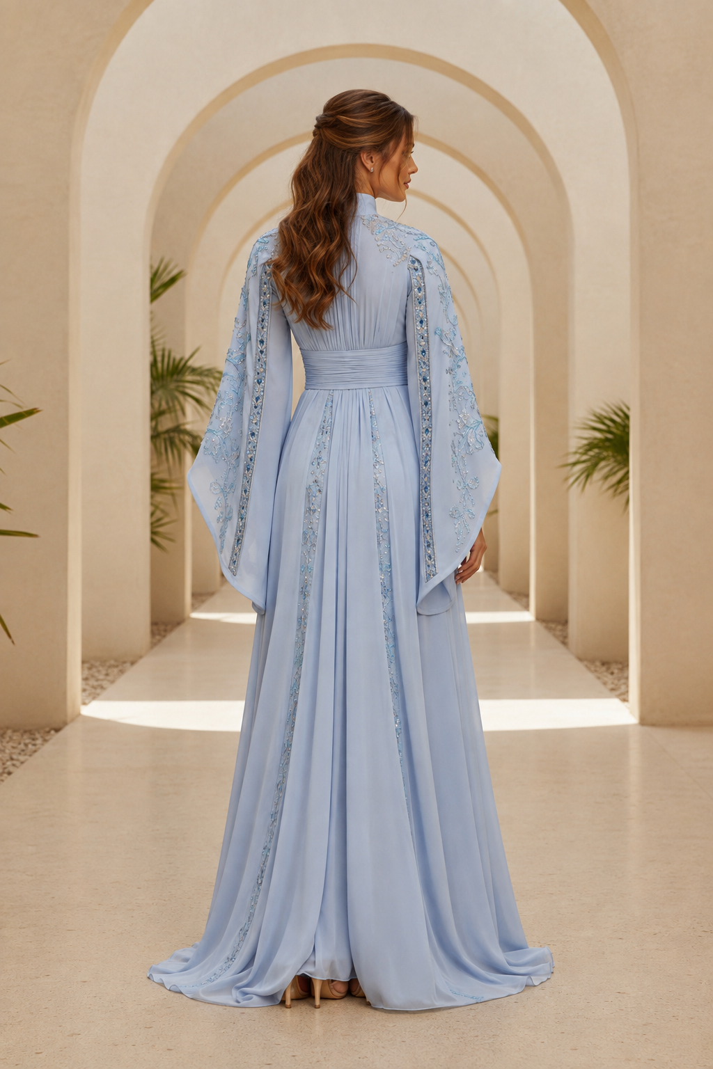 Embroidered High Neck Bell Sleeve A-Line Evening Gown