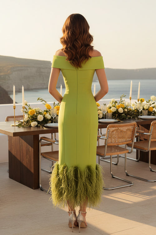 Asymmetric Off-Shoulder Midi Dress with Feather Hem