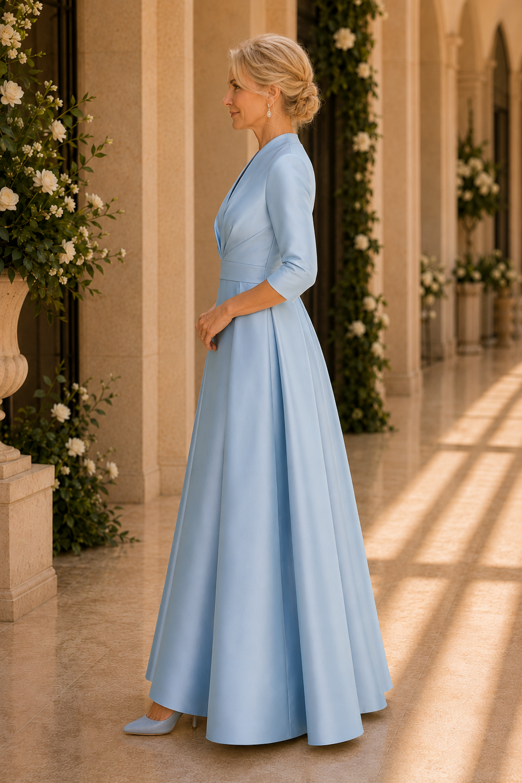 Pleated Plunge V-Neck 3/4 Sleeve A-Line Satin Gown