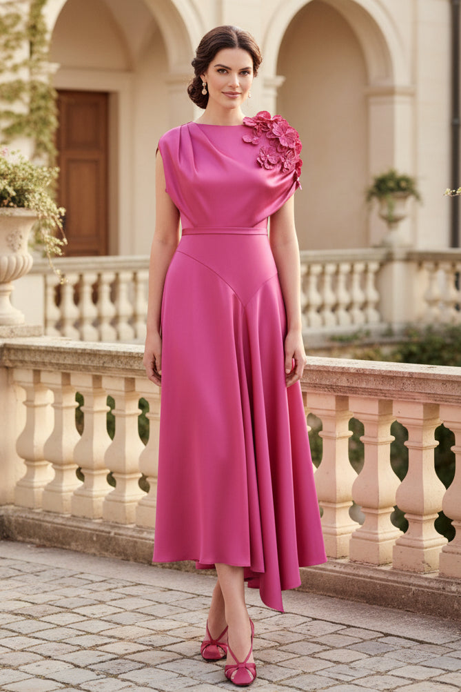Asymmetrical Satin A-Line Midi Dress with 3D Flowers