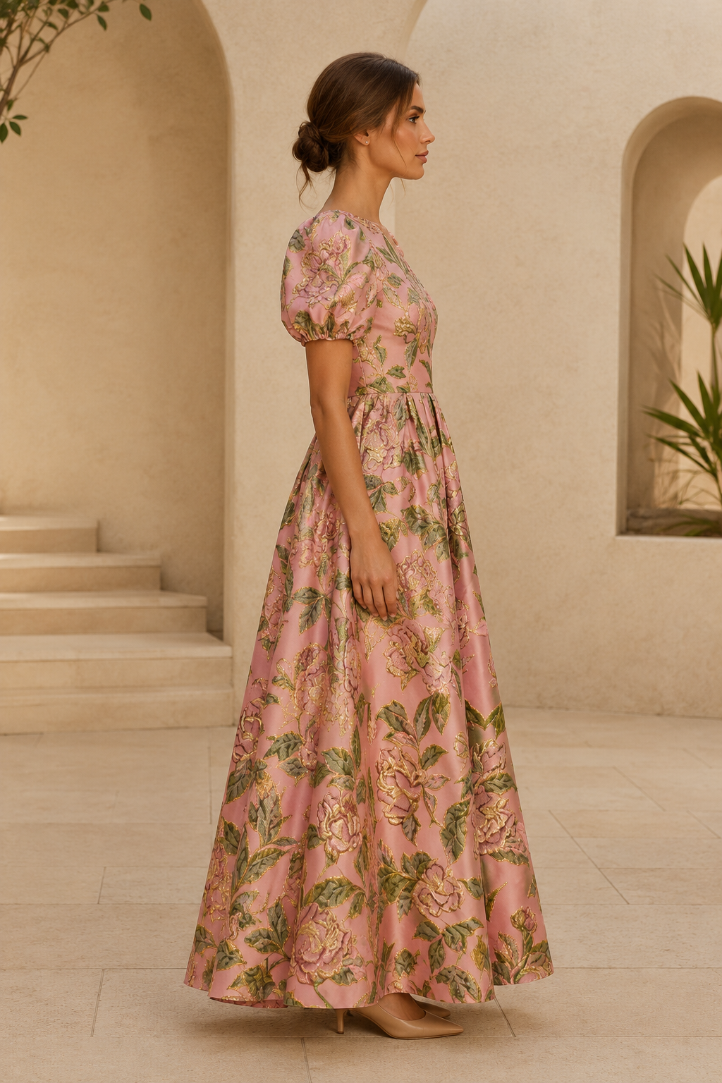 Floral Jacquard A-Line Gown with Puff Sleeves