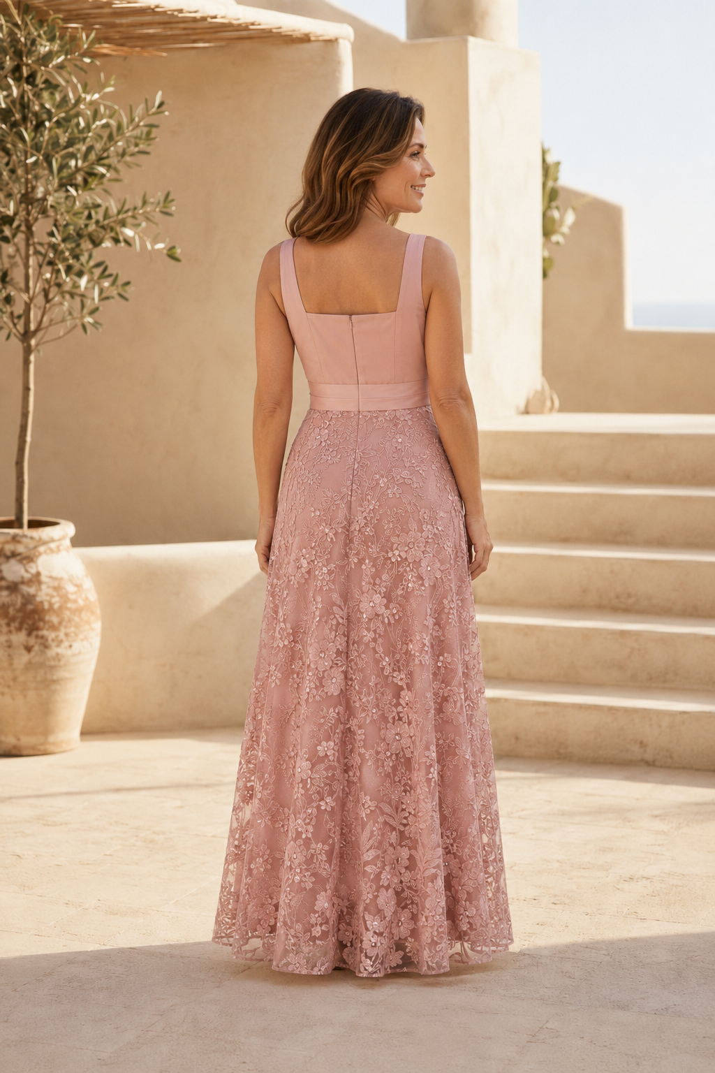 Square Neck Lace A-Line Formal Dress