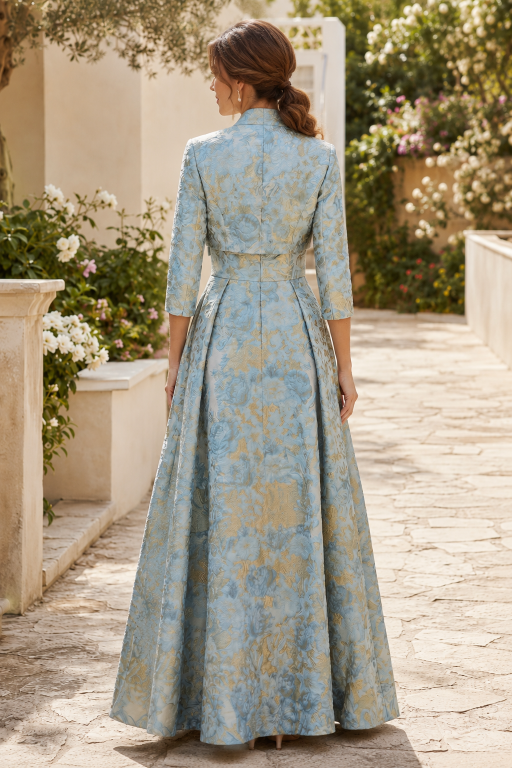 Floral Jacquard A-Line Gown with Cropped Jacket