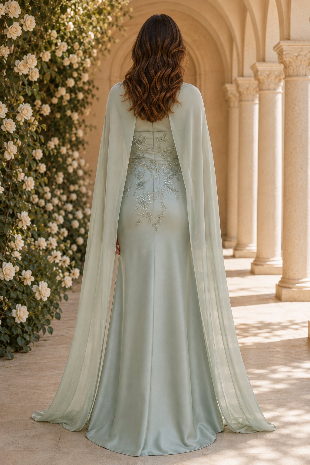 Embroidered Strapless Gown with Chiffon Cape
