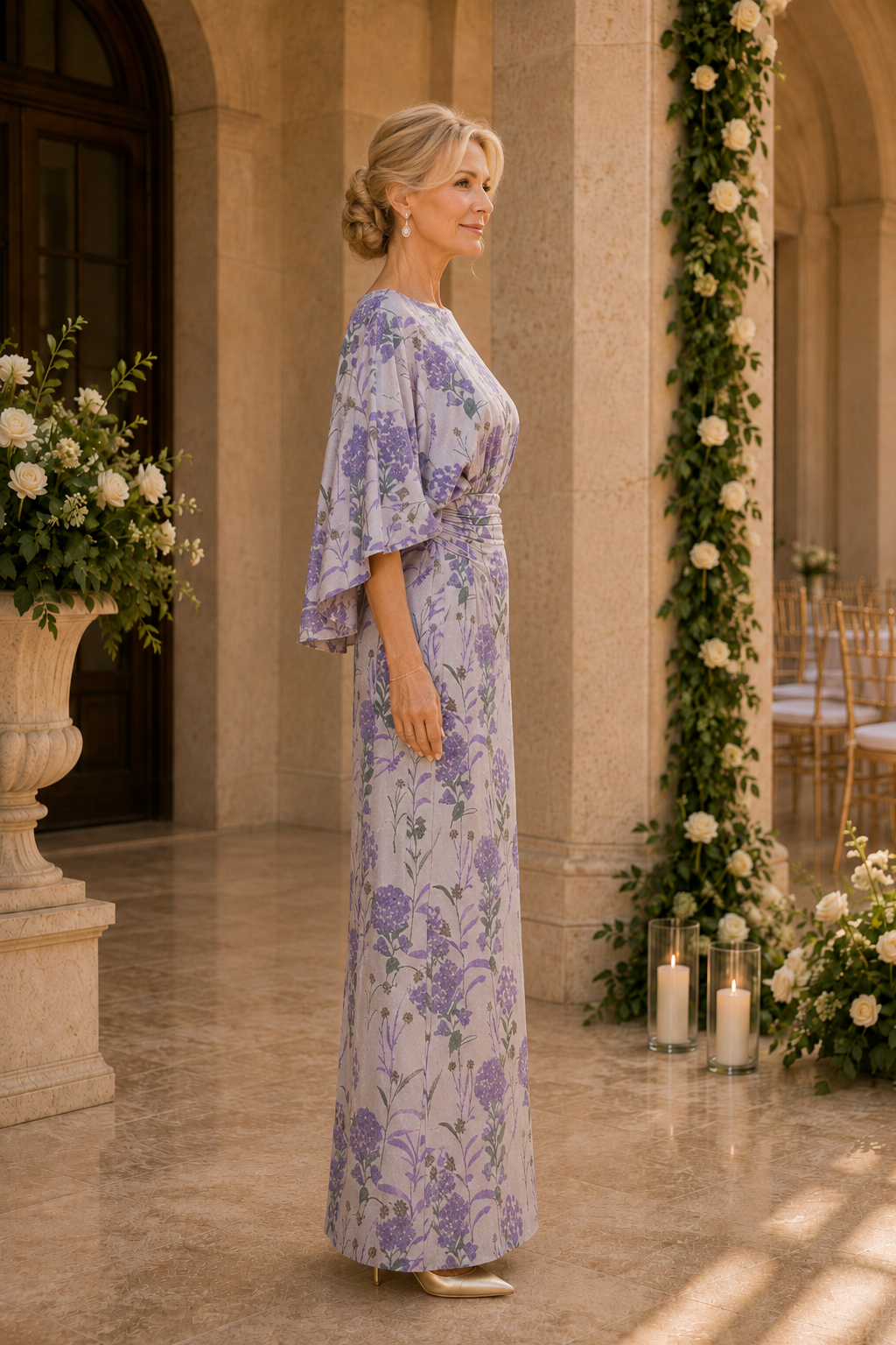 Floral Print Capelet Column Maxi Dress