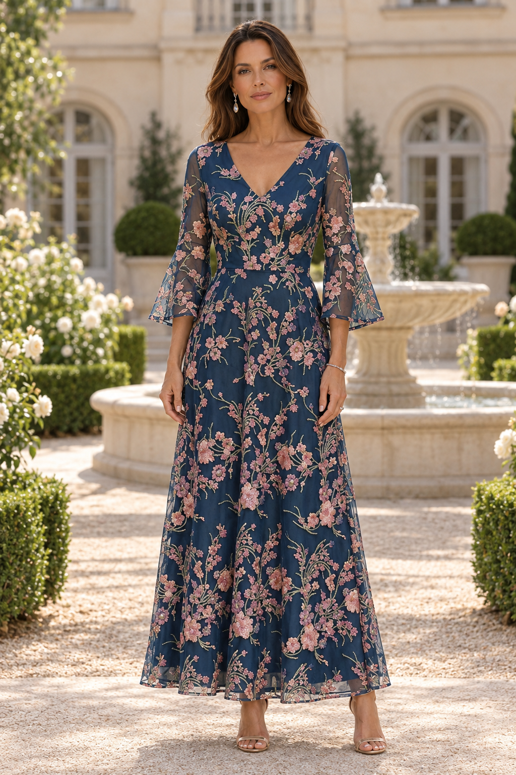 Floral Embroidered V-Neck Bell Sleeve Maxi Dress