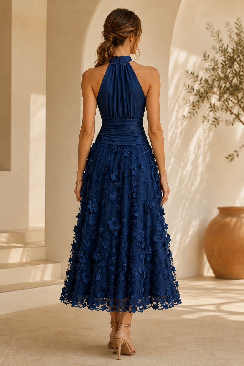 Halter Neck Pleated Bodice 3D Floral Midi Dress