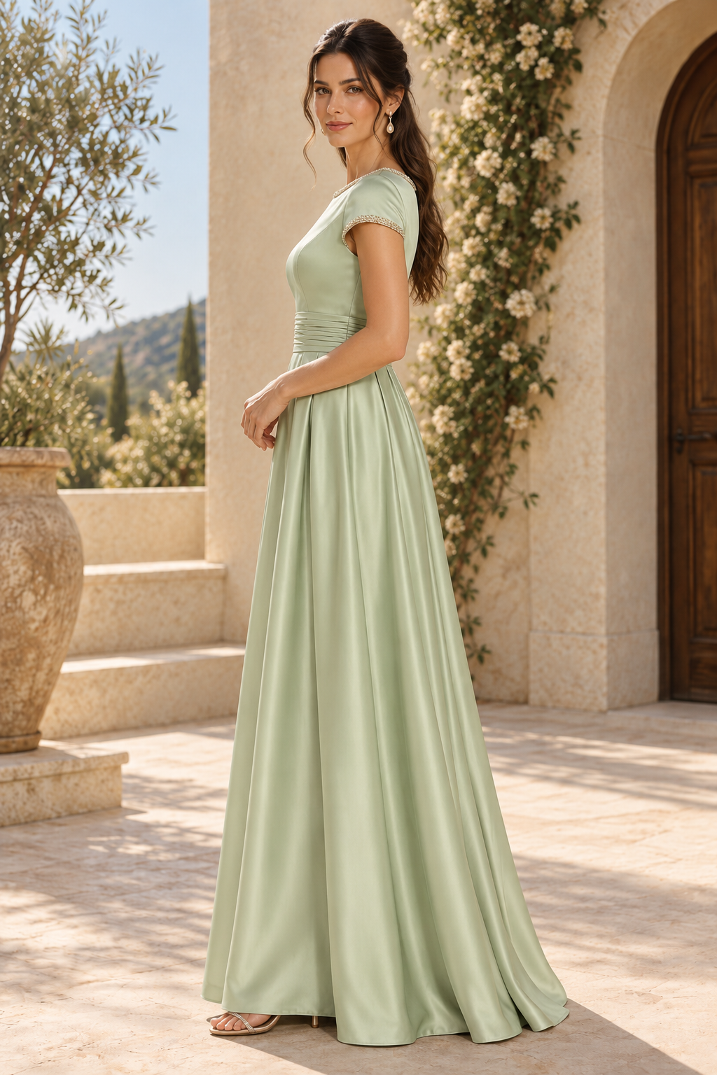 Beaded Bateau Neck A-Line Satin Formal Gown