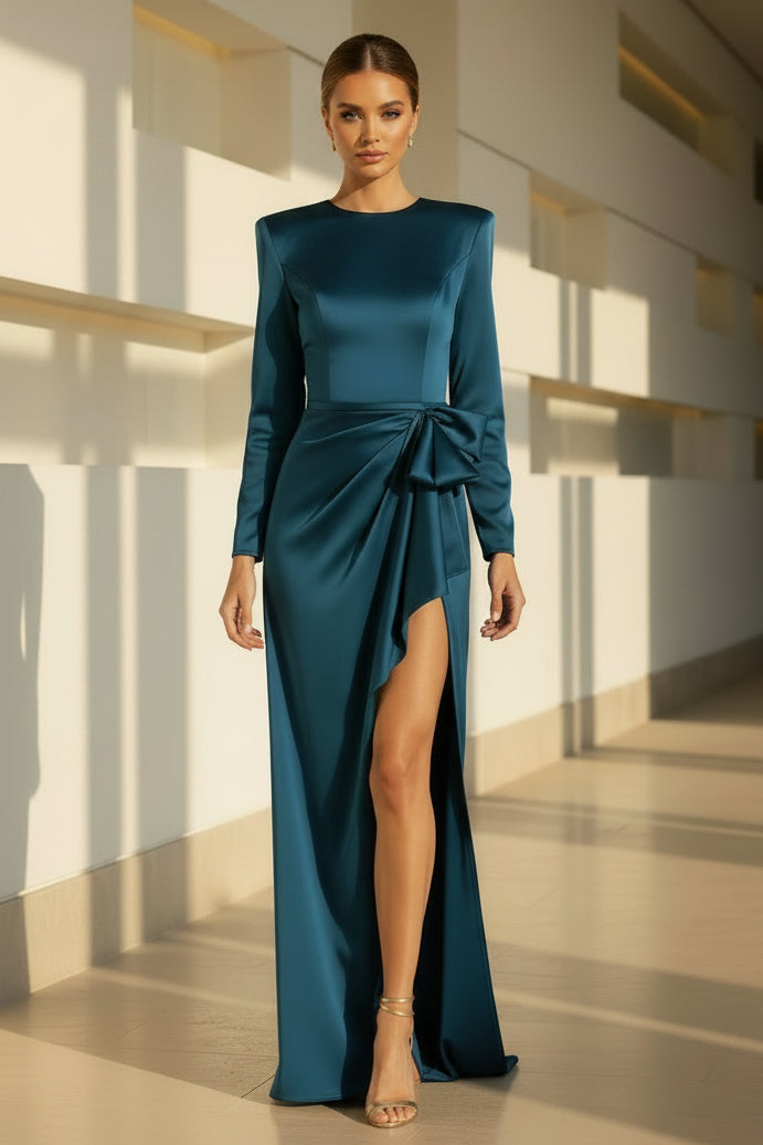 Long Sleeve Satin Evening Gown with High Slit