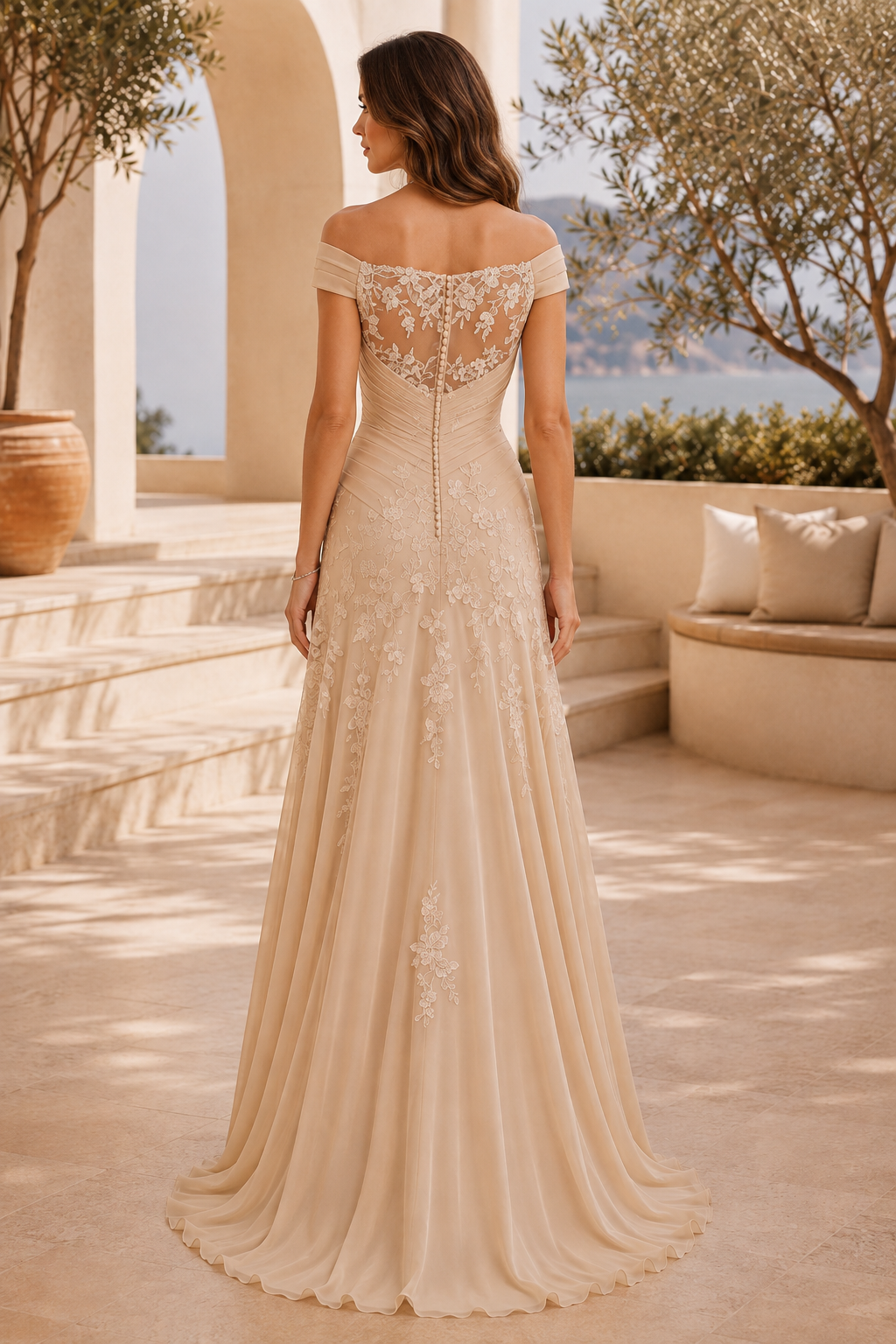Off-the-Shoulder Lace Applique Pleated Gown