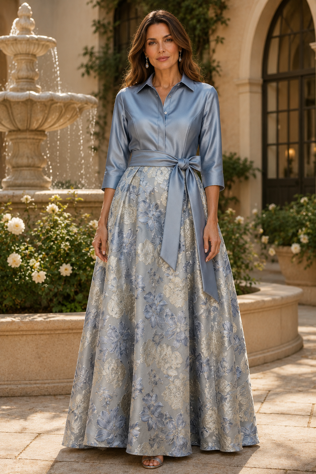 Collared Floral Brocade A-Line Evening Gown