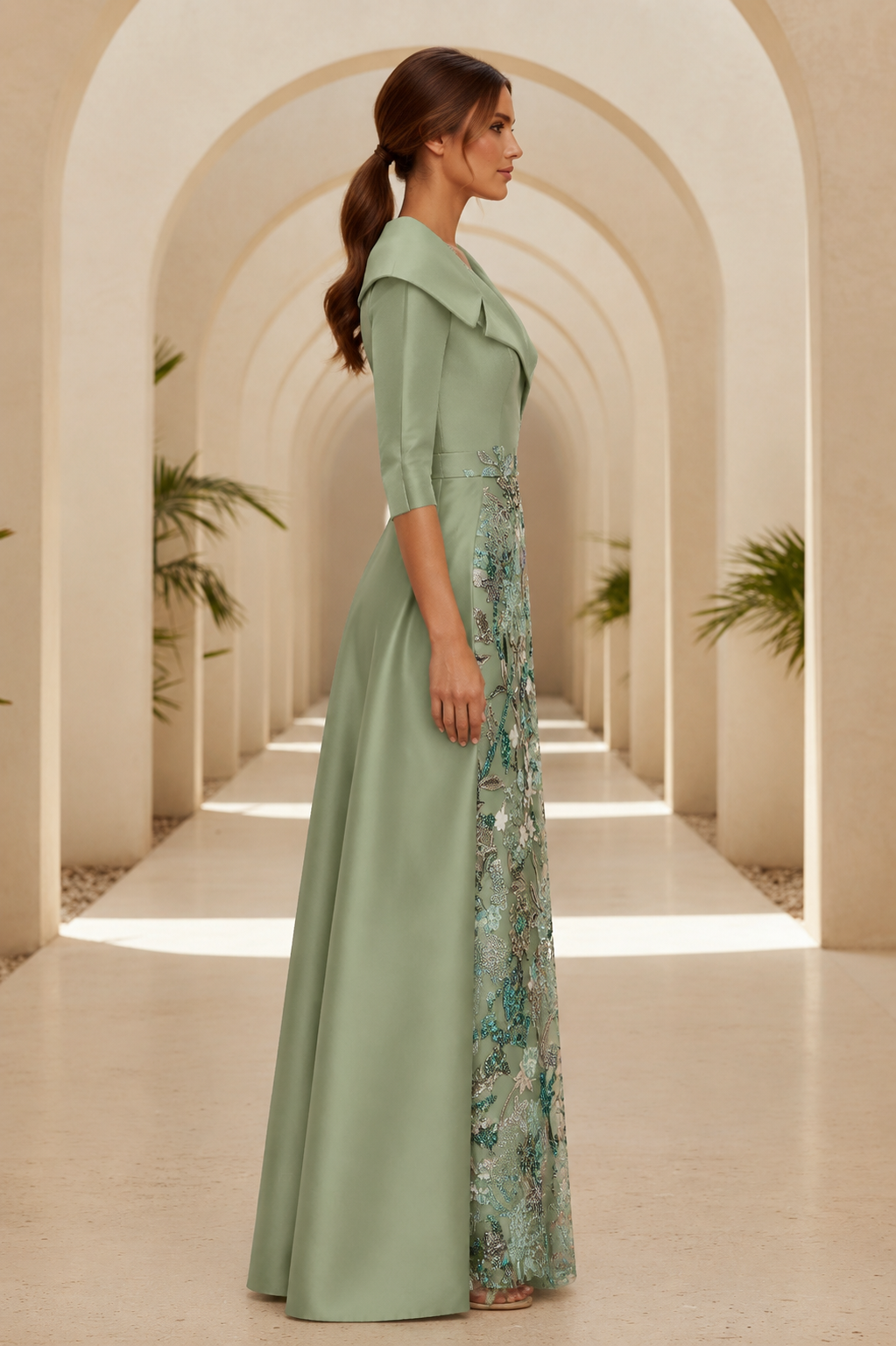 Floral Sequin Sheath Gown with Satin Overskirt Train