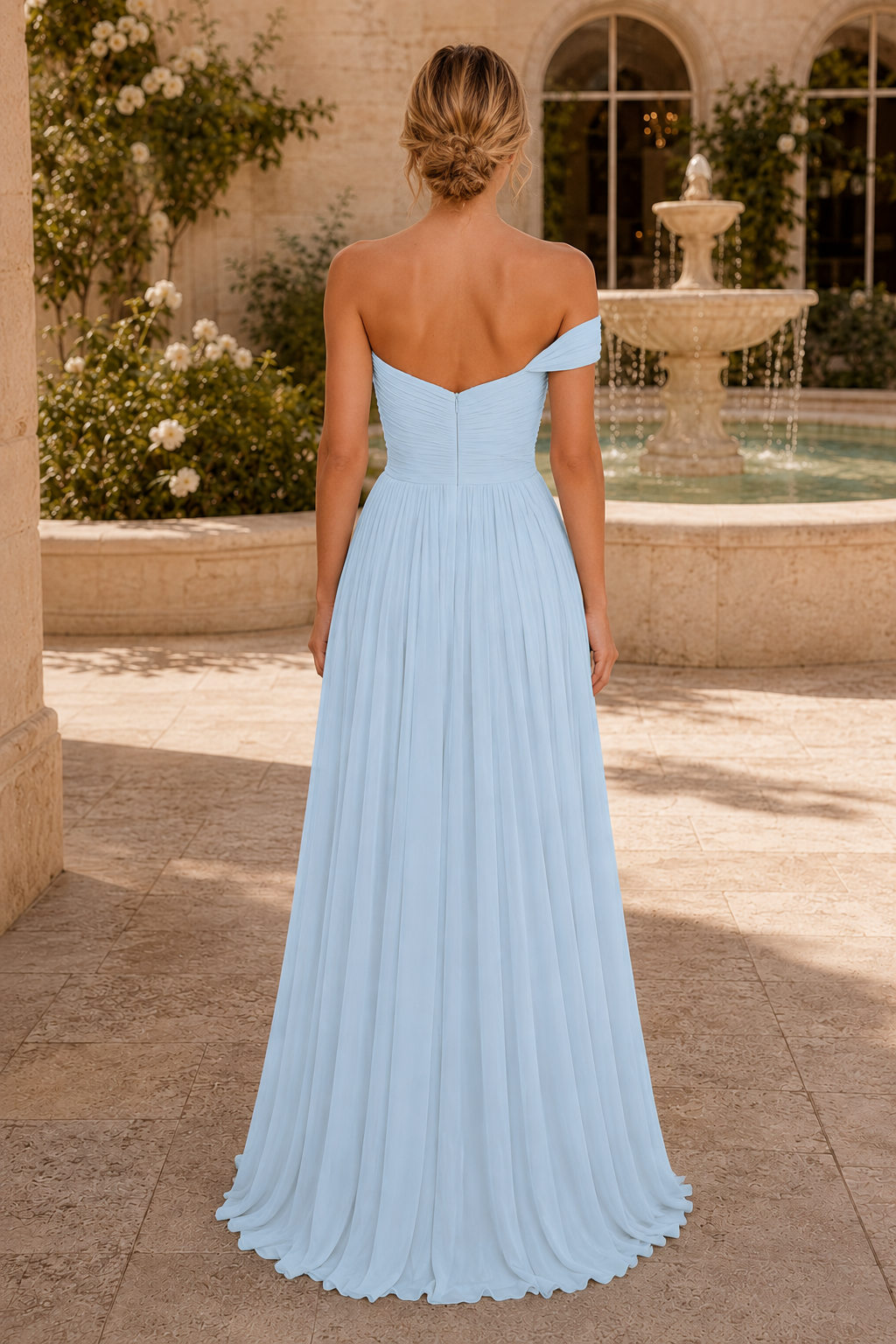 One-Shoulder Pleated Chiffon Gown with High Slit