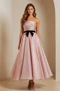 Strapless Ruched A-Line Tea-Length Dress