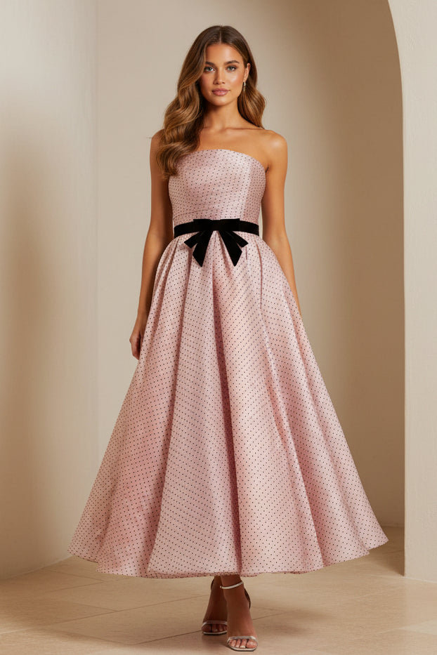 Strapless Ruched A-Line Tea-Length Dress