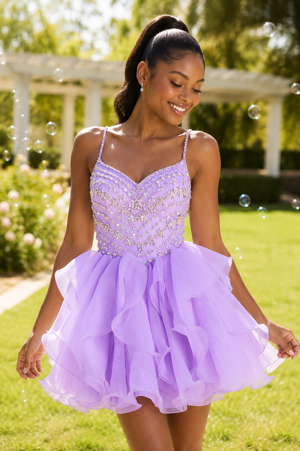 Beaded Bodice Ruffled Organza Mini Dress