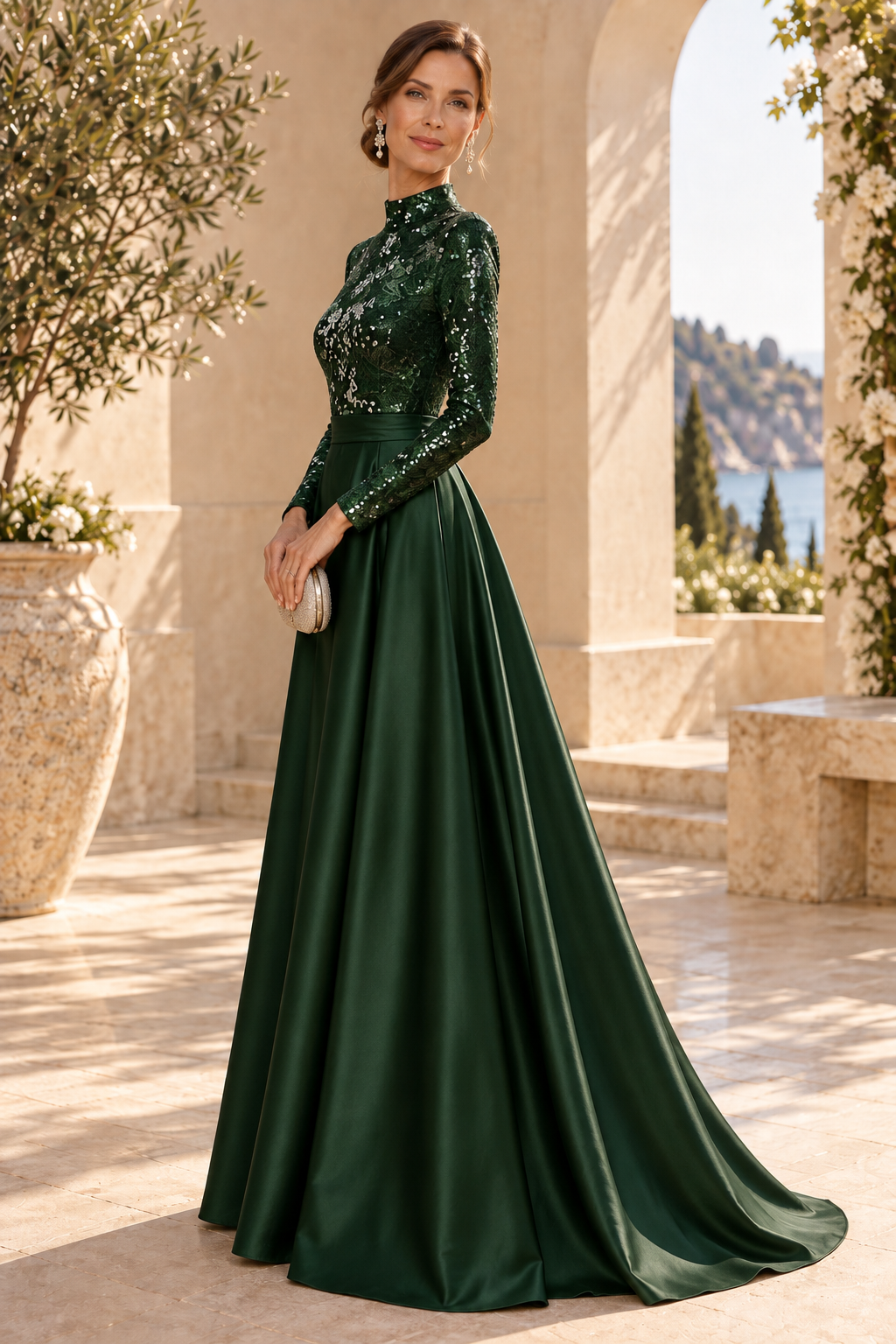 High Neck Sequin Bodice Long Sleeve Satin Gown