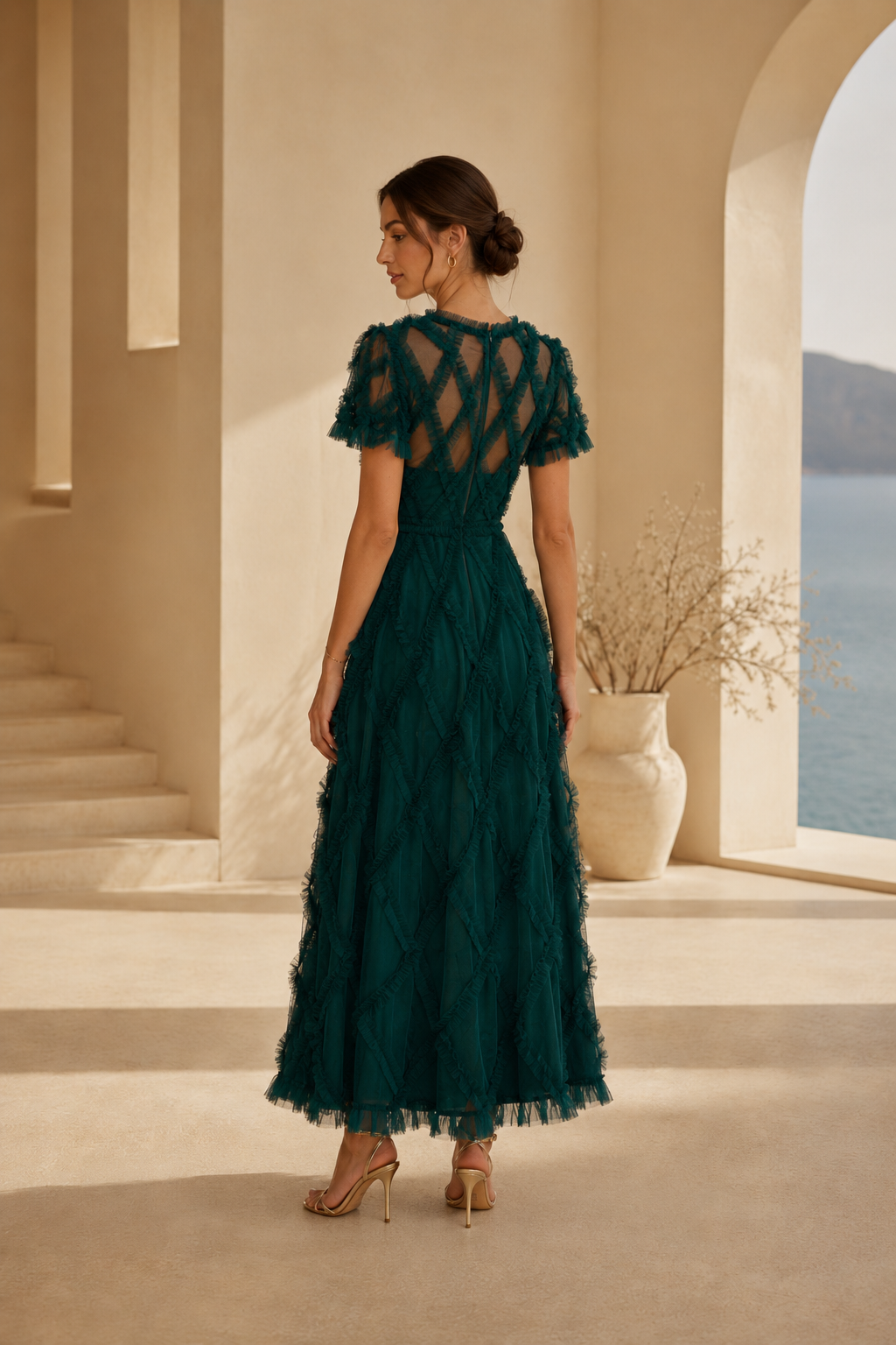 Ruffled Tulle A-Line Dress with Illusion Neckline