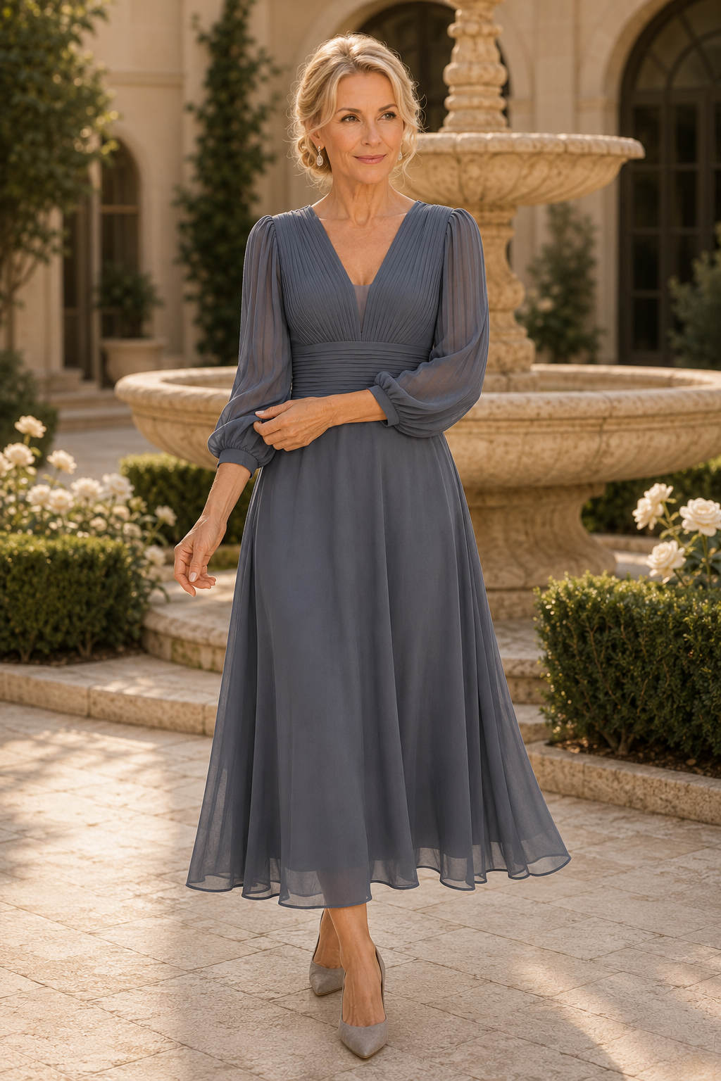 Pleated Chiffon V-Neck Midi Dress with Long Sleeves