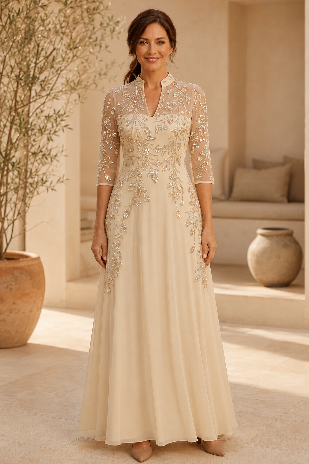 Beaded Illusion A-Line Evening Gown, 3/4 Sleeve