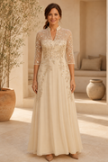Beaded Illusion A-Line Evening Gown, 3/4 Sleeve