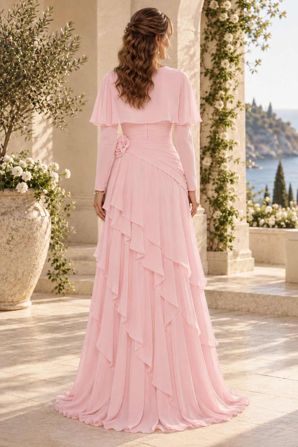 Tiered Ruffle Chiffon Gown with Capelet