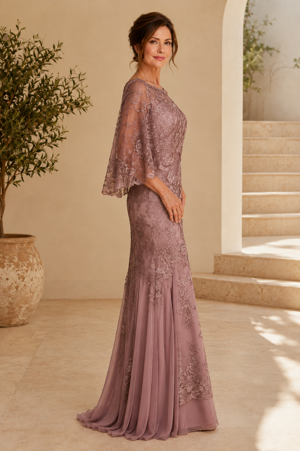 Embroidered Capelet Trumpet Gown