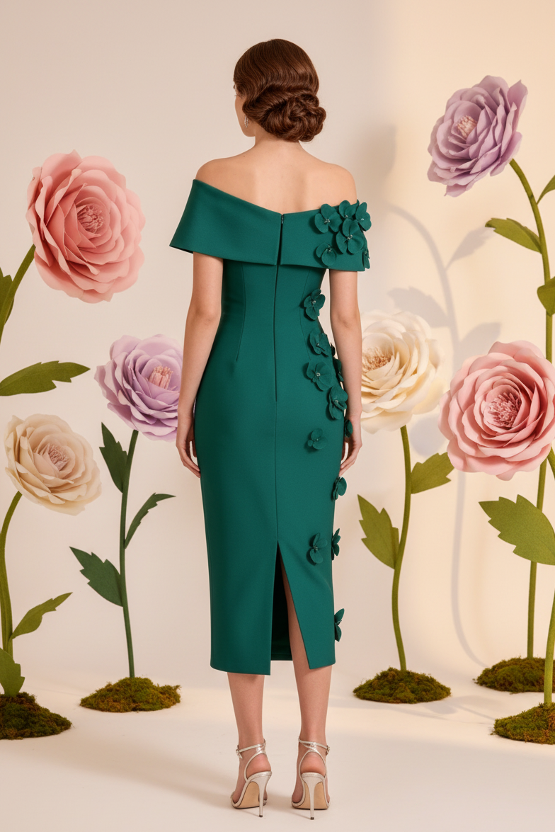 Off-the-Shoulder 3D Floral Midi Dress