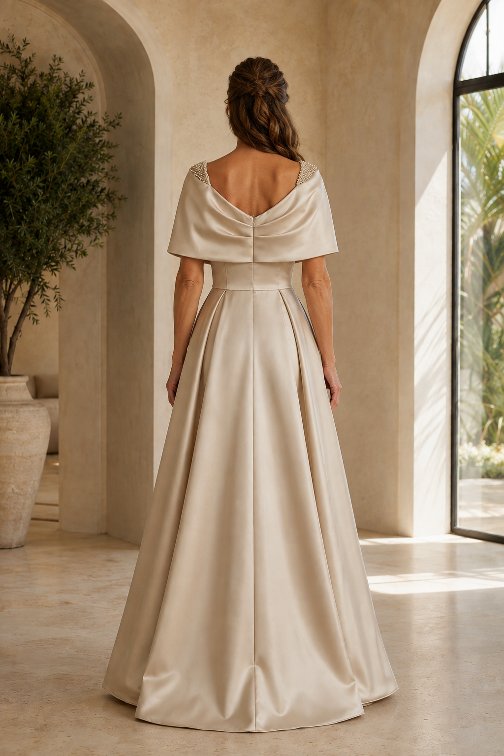 Satin A-Line Gown with Beaded Capelet