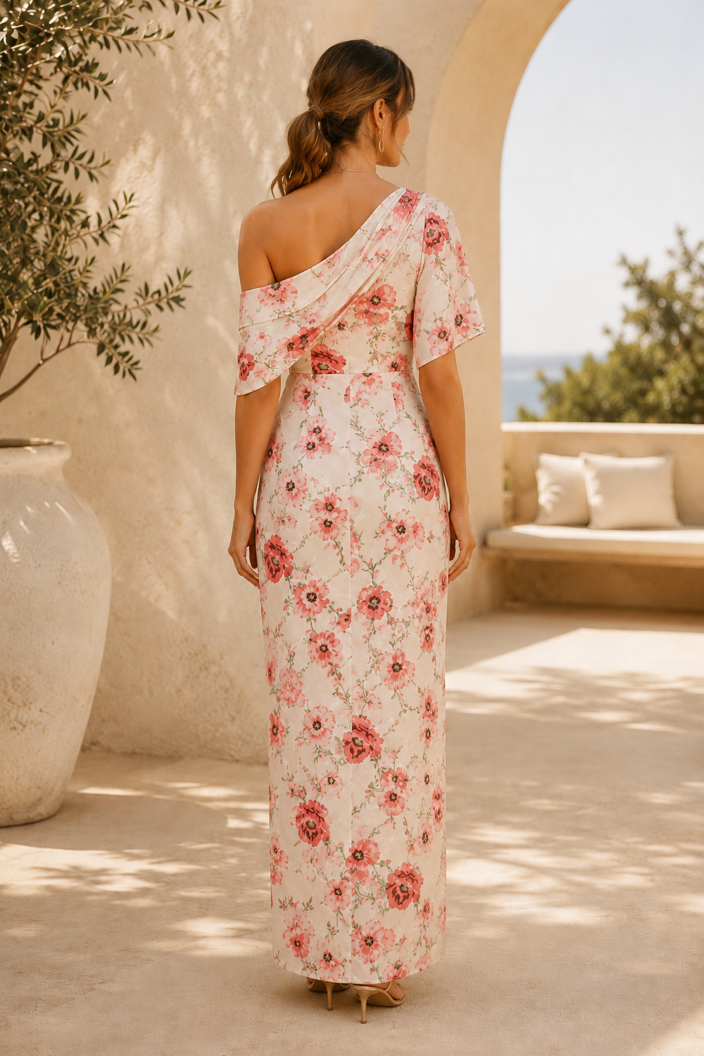 One-Shoulder Floral Draped Maxi Dress