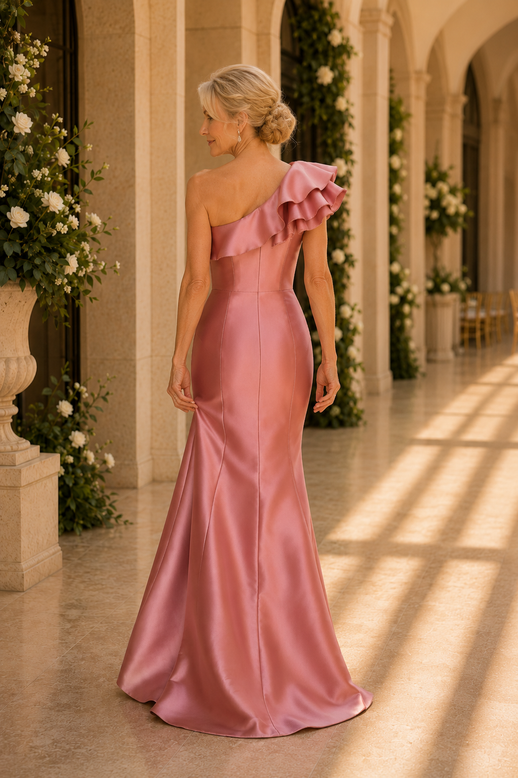 One-Shoulder Ruffled Satin Mermaid Evening Gown