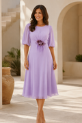 A-Line Chiffon Midi Dress with Floral Applique