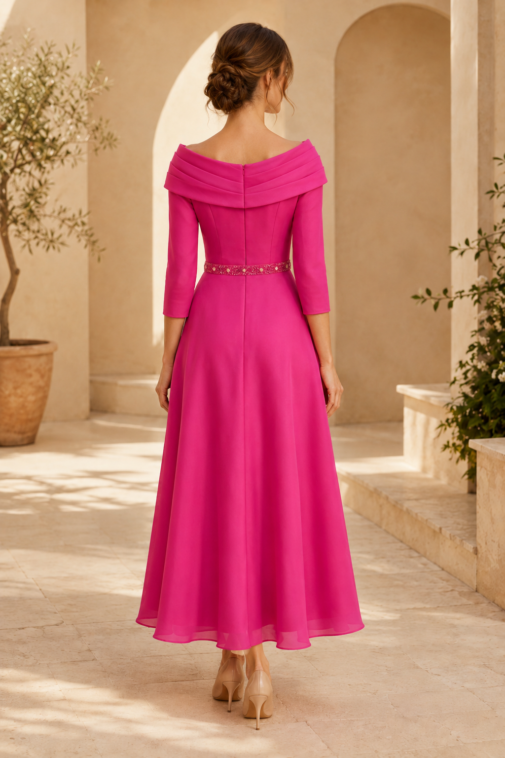 Portrait Neckline A-Line Dress with Rosette