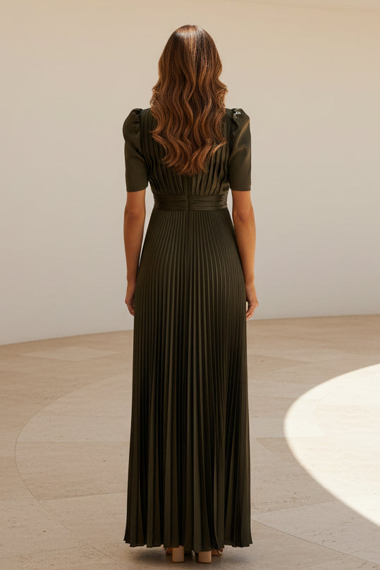 Pleated Keyhole A-Line Gown with High Slit