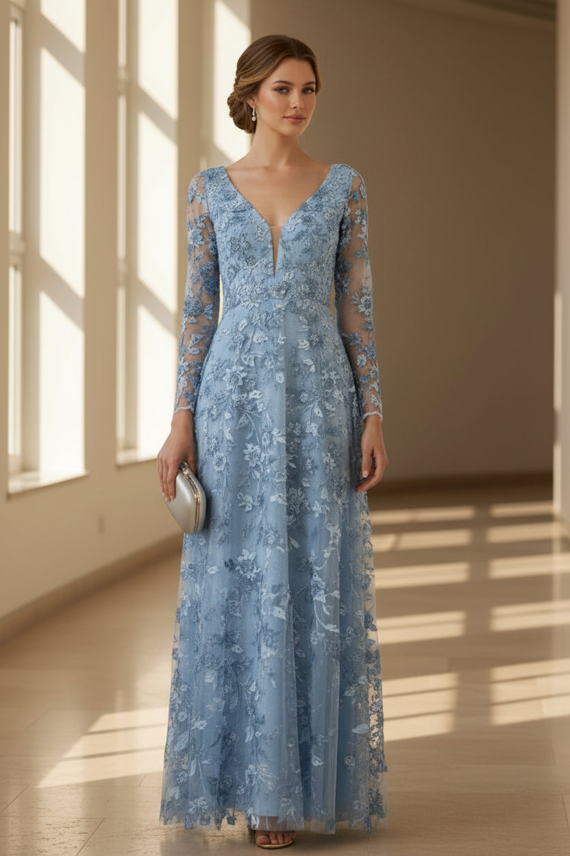 3D Floral Applique Long Sleeve A-Line Gown