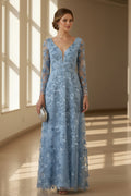 3D Floral Applique Long Sleeve A-Line Gown