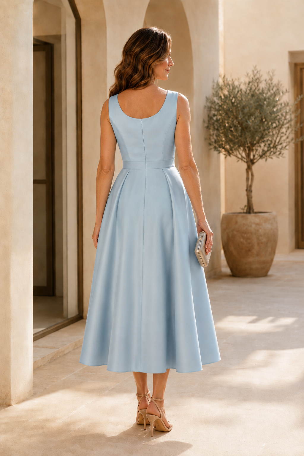 Satin A-Line Tea-Length Dress with Floral Embroidery
