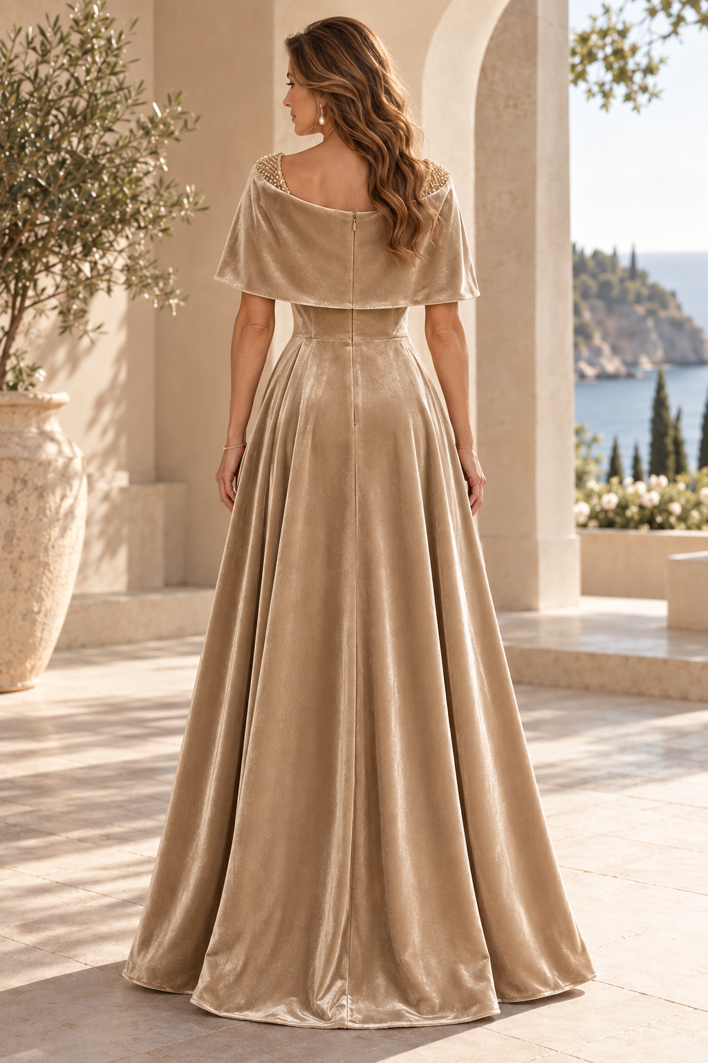 Velvet Cape Collar A-Line Gown with Beading