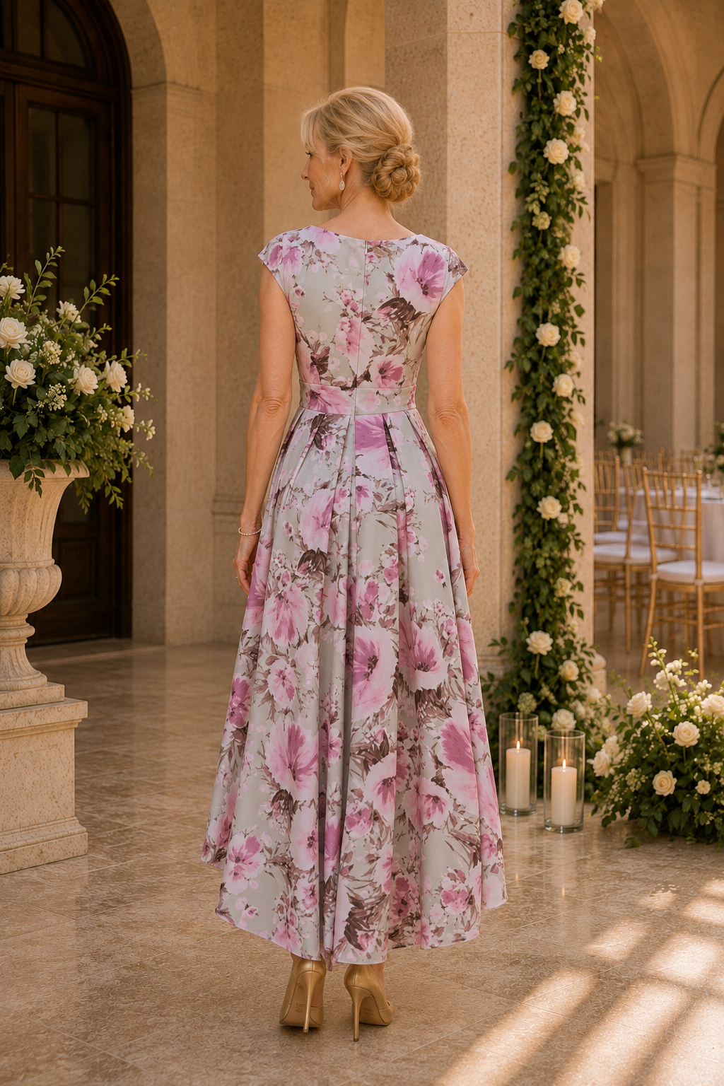 Floral Print High-Low A-Line Dress with Cap Sleeves